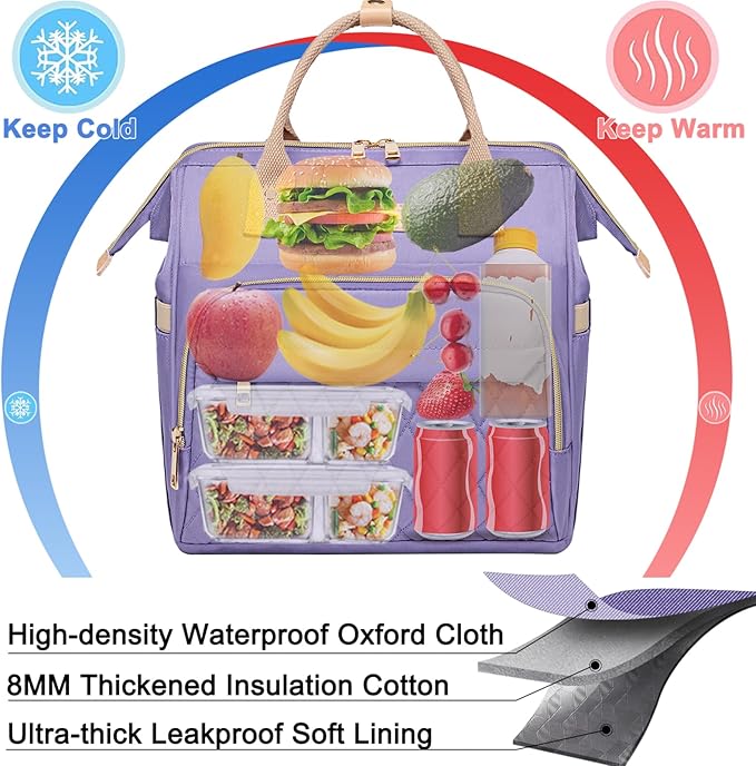 AIJIEKE Lunch Bag for Women, Leakproof & Insulated Work Lunch Box Tote, Reusable Adult Cooler Bag with Water Bottle Side Pocket & Removable Shoulder Strap, Purple