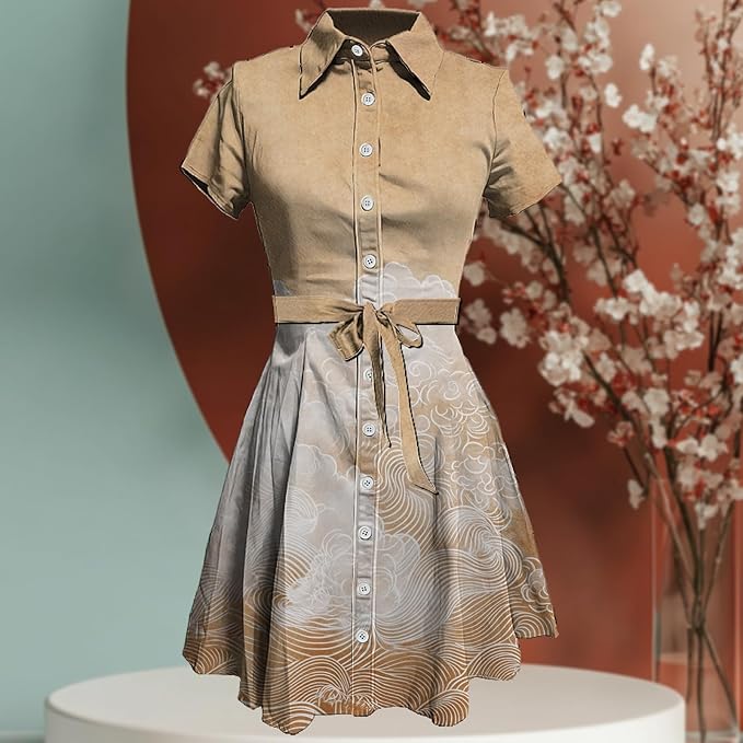 MARSVOVO Japanese Art Shirt Dresses for Women Short Sleeve Ruffle Button Down Tie Waist Trendy Elegant Midi Dress