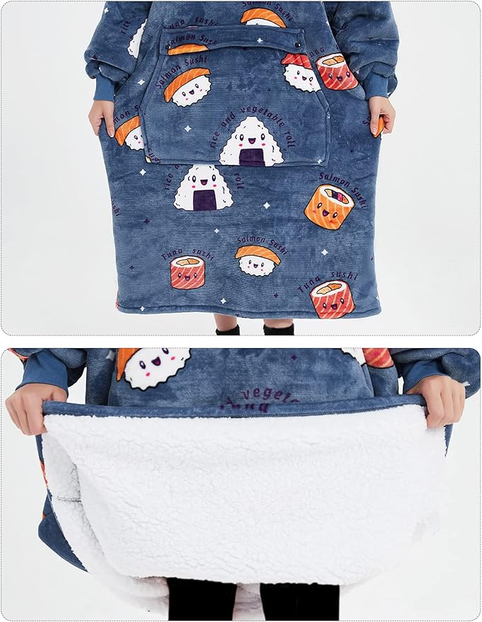 KFUBUO Wearable Blanket Hoodie for Adults Long Sherpa All Patterns Sushi Oversized Sweatshirt Blanket with Pockets Birthday Gifts for Women