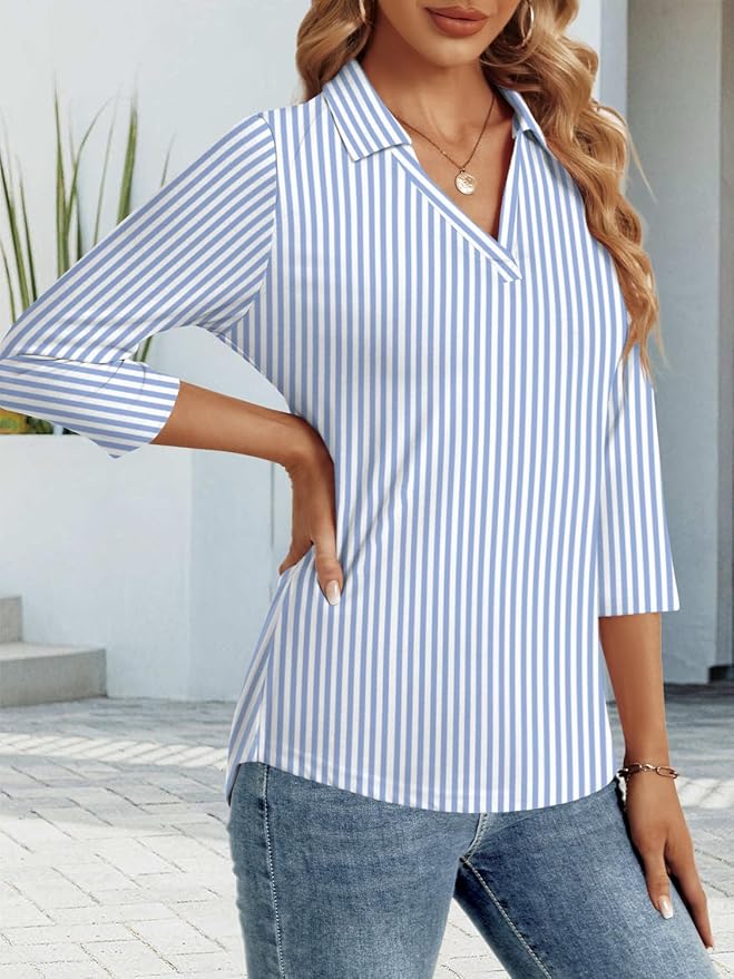 3/4 Length Sleeve Womens Tops Dressy Casual V Neck Polo Shirts Business Work Blouses 2025 Trendy Tunic Top