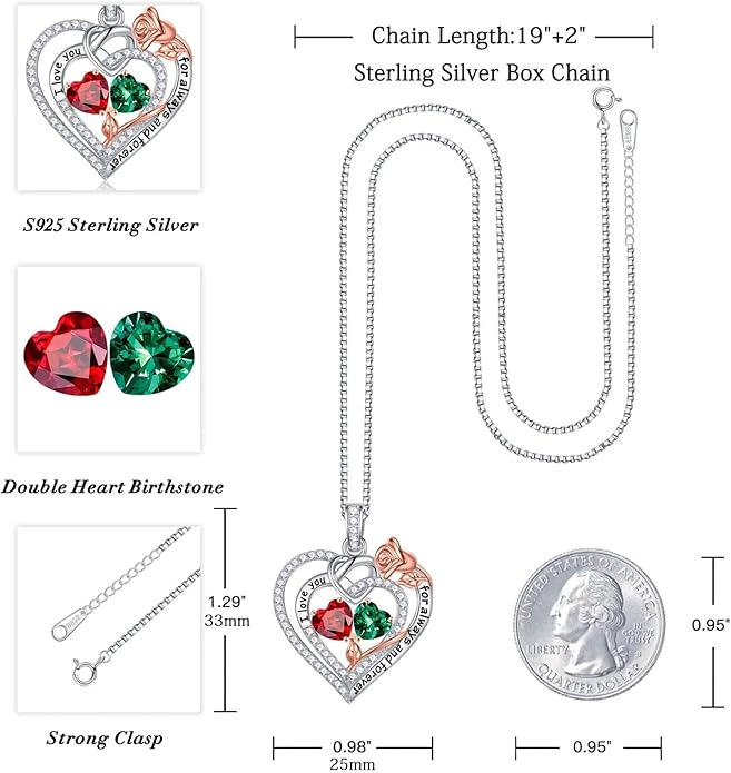 Iefil Valentines Day Gifts for Her - 925 Sterling Silver Double Birthstone Necklace, Anniversary Birthday Gifts for Women, Jewelry Gift for Wife Girlfriend Mom Her