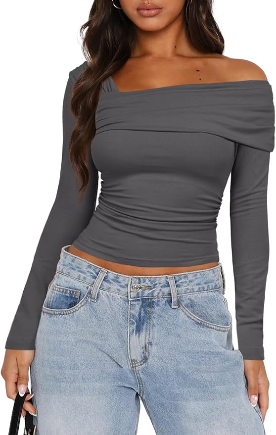 Darong Women's Off Shoulder Tops Y2K Shirt Slim Fit Ruched Crop Top Long Sleeves Spring Fall Blouse Going Out Shirt