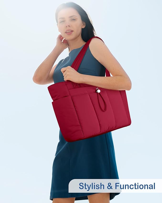 TOPDesign Puffy Tote Bag for Women with Cup Holder & Laptop Compartment & Cosmetic Bag & Trolley Sleeve for Work, Travel