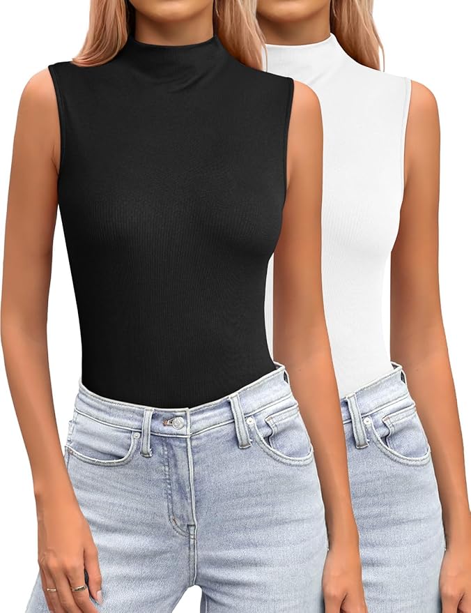 JUSTFASHIONNOW Womens Sleeveless Mock Turtleneck Tank Tops Stretchy Fitted Basic Casual Layer Shirts