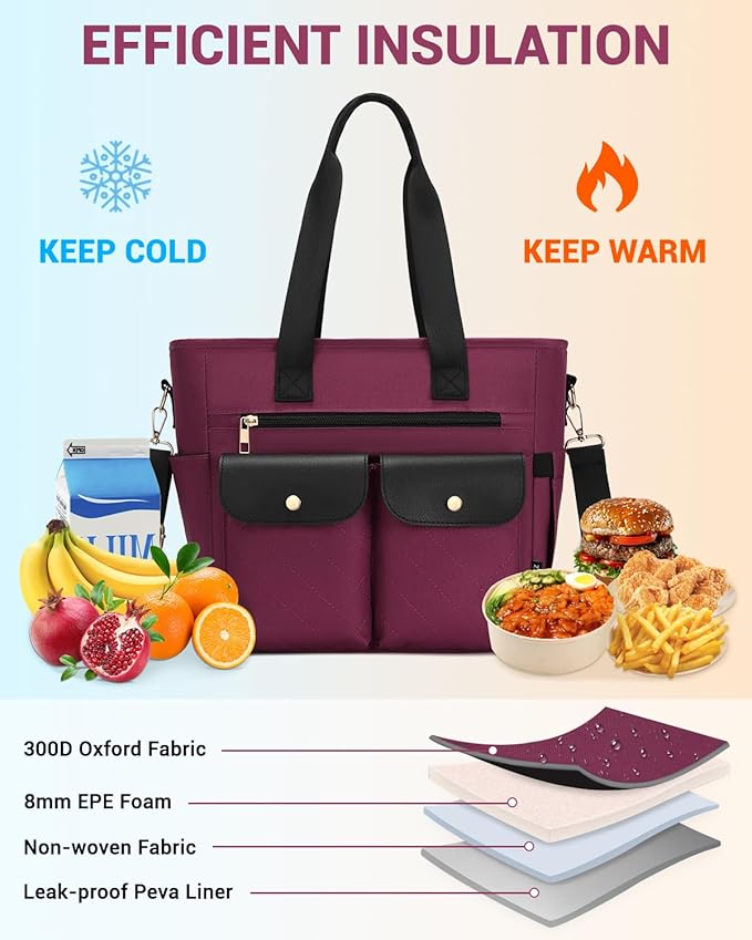 RalChyez Lunch Box for Women, Large Lunch Tote Leakproof Adult Lunch Bag Insulated Lunch Cooler Purse with Storage Pocket for Work Picnic Beach Trip Purple