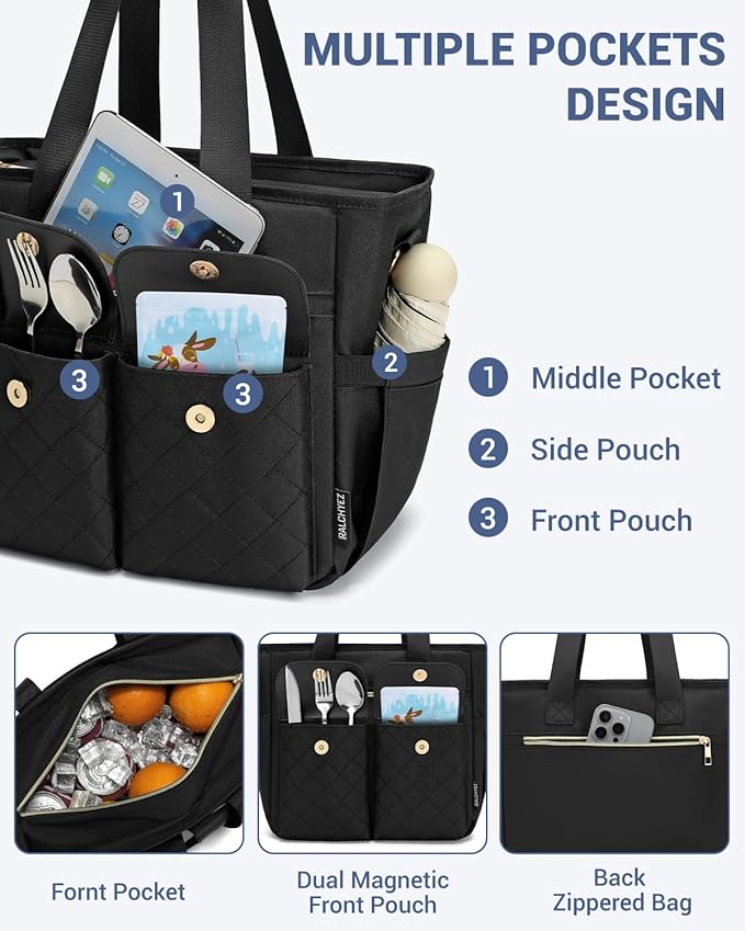 RalChyez Lunch Box for Women, Large Lunch Tote Leakproof Adult Lunch Bag Insulated Lunch Cooler Purse with Storage Pocket for Work Picnic Beach Trip Black