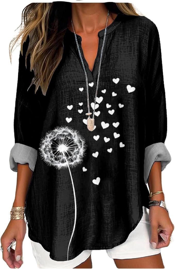 MARSVOVO V Neck Shirt For Women Boho Multi Style Blouse Long Sleeve Novelty Graphic Plus Size Pullover Tops For Women
