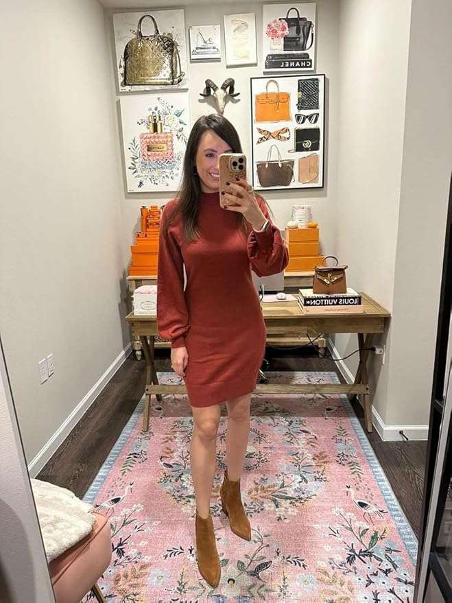GRECERELLE 2026 Women's Mock Neck Ribbed Long Sleeve Bodycon Pullover Cute Mini Sweater Dress (XS-2XL)