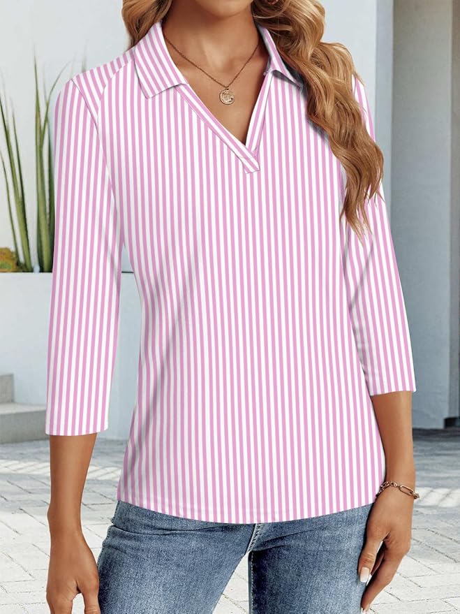 3/4 Length Sleeve Womens Tops Dressy Casual V Neck Polo Shirts Business Work Blouses 2025 Trendy Tunic Top