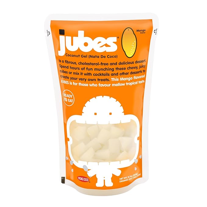 Jubes Mango Nata De Coco Jelly Cubes (12.7 oz, Pack of 6) - Mango Coconut Jelly Cubes for Sago - Coconut Gel in Syrup Toppings for Fruit Tea, Boba, Bubble Tea, Drinks, Desserts Yogurt, Ice Cream, Beverage