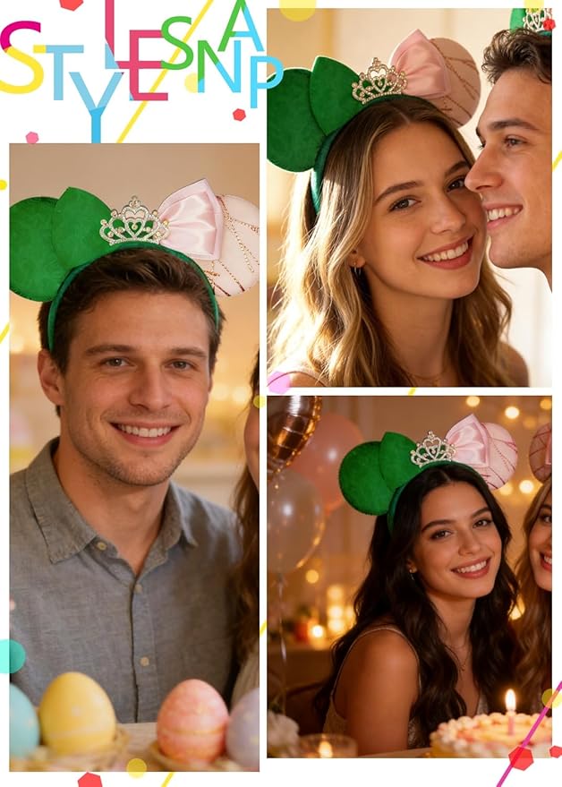 WW-WONDERFULWORLD Witch & Fairy Mouse Ears Headband, Green and Pink Two-Tone Design, Crystal Crown Tiara, Halloween Costume Accessory, for Birthday Party, Daily Fashion Headwear