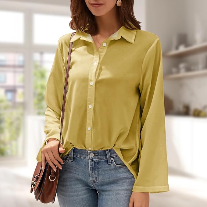 Womens Classic Shirts Casual Button Solid Color Long Sleeve Work Blouse Collared Relaxed Fit Summer Tops