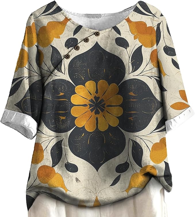 Women's Shirts Dressy Casual Asymmetric Side Button Down Design Tops Summer Loose Fit Crewneck Graphic Tees