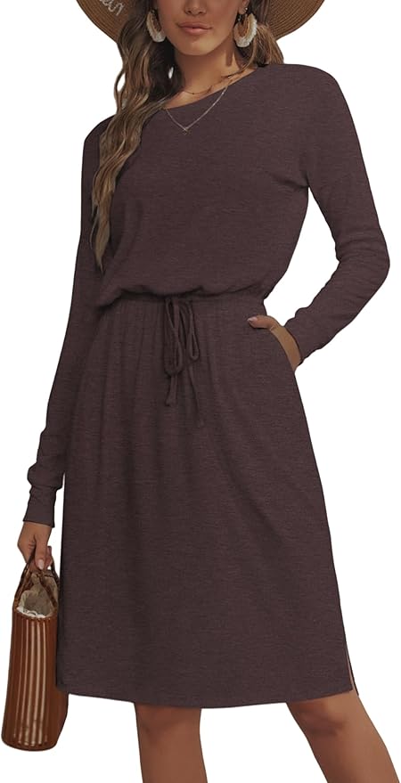 Simier Fariry Womens Spring Hide Belly Knee Length Travel Dress Pocket Summer Short Sleeve Midi Work Casual Outfits