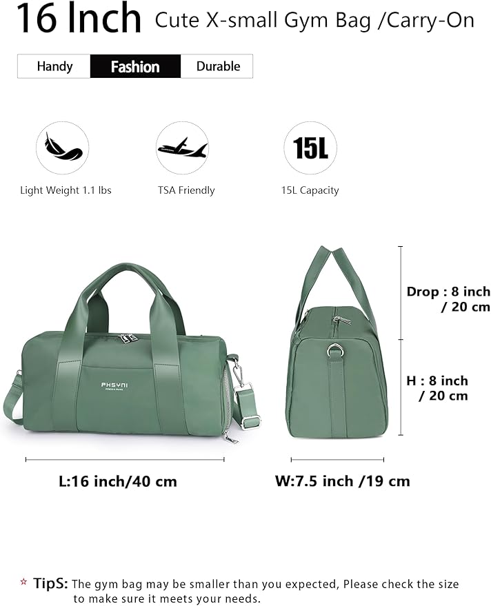 Sports Small Gym Bag for Women, Cute Mini Duffle Bag with Wet Pocket & Shoes Compartment, Personal Item Travel Workout Bag, 16"-Small, Green