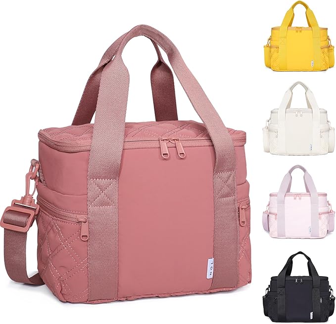 NOL Natural Organic Lifestyle Women's Nylon Lunch Cooler Cute Quilted Lunch Bag Large Leakproof Insulated Lunch Tote Bag for Work Picnic Travel,Dark Pink