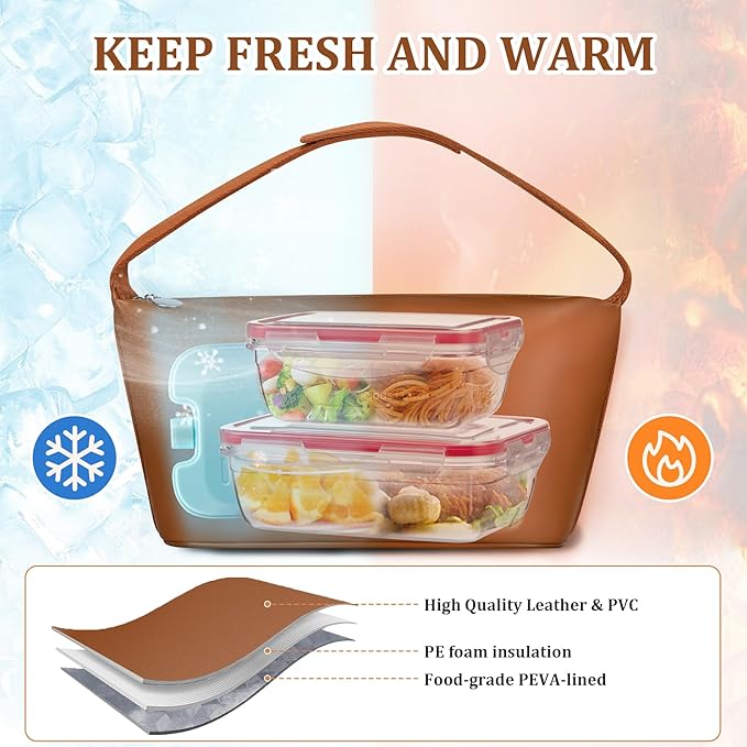 Lunch Bag Set For Women Insulated Leather Woman Lunch Bag With 2 Lunch Box Containers Spoon and Ice Pack Leakproof Reusable High Capacity Lunch Tote Bags for Work, Travel, Outdoor