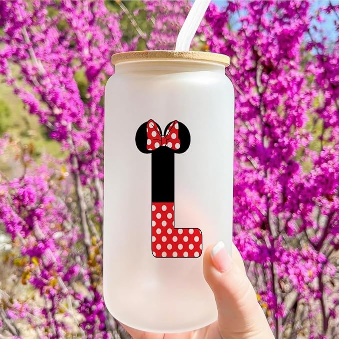 Cute Cartoon Mouse Lover Gifts Initial A-Z Personalized Iced Coffee Cup Magic Mouse Stuff Wizard Gift 16oz Glass Cup with Lid and Straws Birthday Christmas Gifts for Women Teen Girls (Letter L)