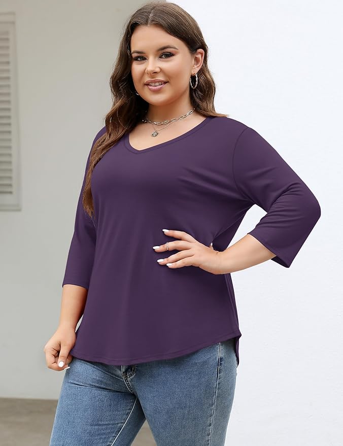 TFSDOD Womens Plus Size Tops V Neck T Shirts 3/4 Sleeve Blouse Summer Casual Tees XL-5X