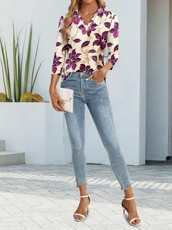 3/4 Length Sleeve Womens Tops Dressy Casual V Neck Polo Shirts Business Work Blouses 2025 Trendy Tunic Top