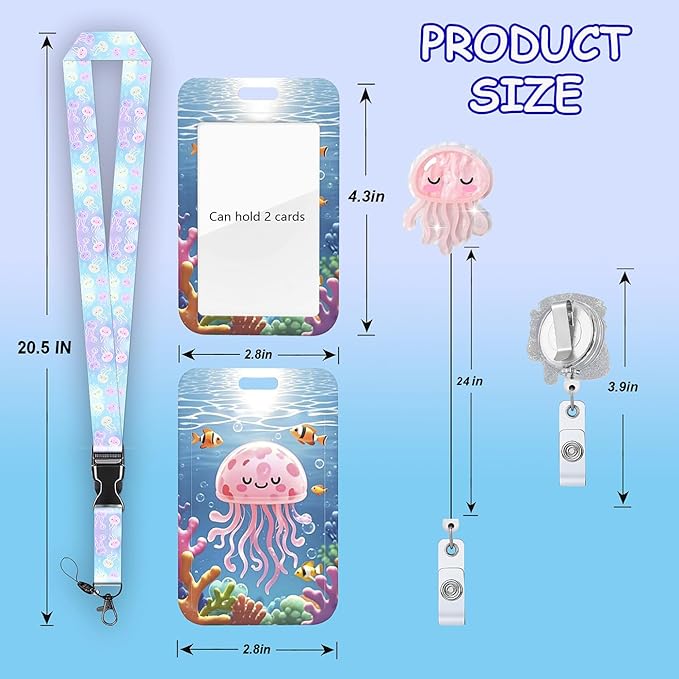 Jellyfish Badge Reel Lanyard Id Badge Holders Ocean Series Nurse Pediatric Name Pink Retractable Cute Design Retractable ClipRN LPN CNA MA NICU Medical 24”Acrylic Teacher Office Worker Accessories