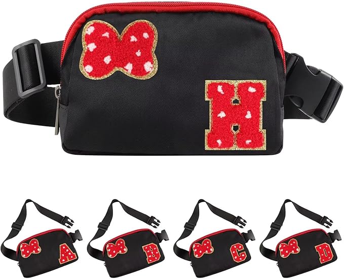 Initial Letter Bow Mouse-Ear Fanny Pack for Teen Girls,Cute Chenille Belt Bag Crossbody Travel Waist Pack for Women&Kids,Personalized Gift for Theme Park,School & Travel, Birthday Christmas(H)