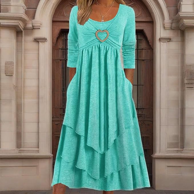 Winter Dresses for Women Wedding Guests Casual Cute Heart Long Sleeve Tiered Maxi Dress with Pockets Plus Size