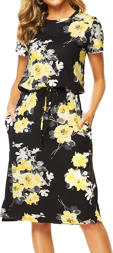 Simier Fariry Womens Spring Hide Belly Knee Length Travel Dress Pocket Summer Short Sleeve Midi Work Casual Outfits