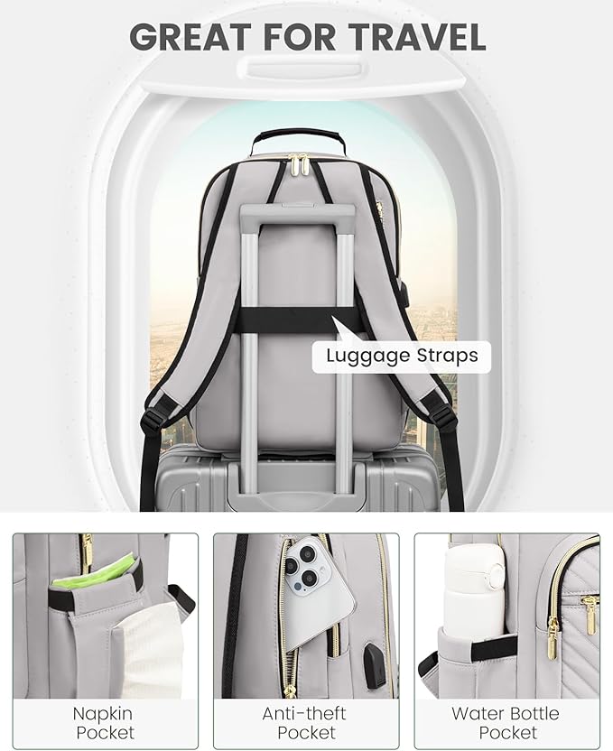 LOVEVOOK Laptop Backpack for Women, Travel Computer Work Bags with 17-inch Laptop Compartment, College School Student Bag Teen Backpacks For Girls, Outdoor Carry On Backpack Purse, Grey