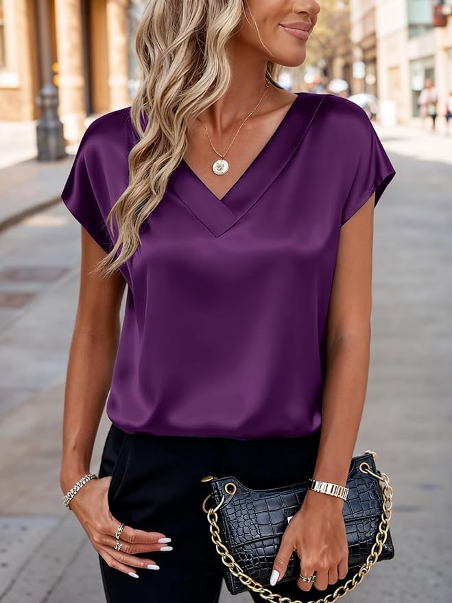 Zeagoo Women Silk Satin Tops Cap Short Sleeve Blouse V Neck Shirts Business Casual Outfits S-2XL