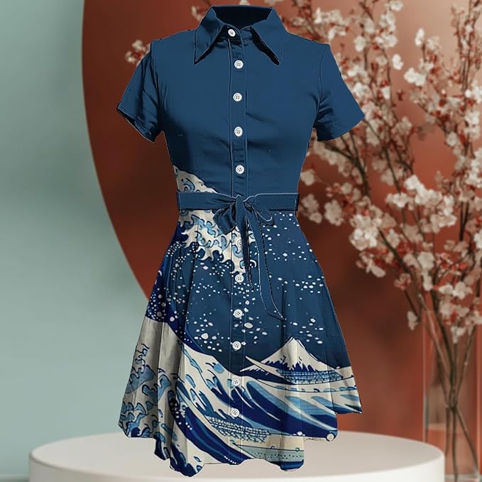 MARSVOVO Japanese Art Shirt Dresses for Women Short Sleeve Ruffle Button Down Tie Waist Trendy Elegant Midi Dress