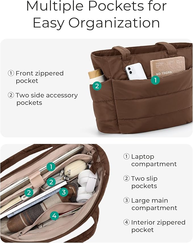 BAGSMART Tote Bag for Women, Lightweight Puffy Tote Bag with Compartments Shoulder Bag Handbag for Travel, Work, Gym | Lightweight, Puffy, Tote Bag with Compartments, Quilted, for Travel, Work