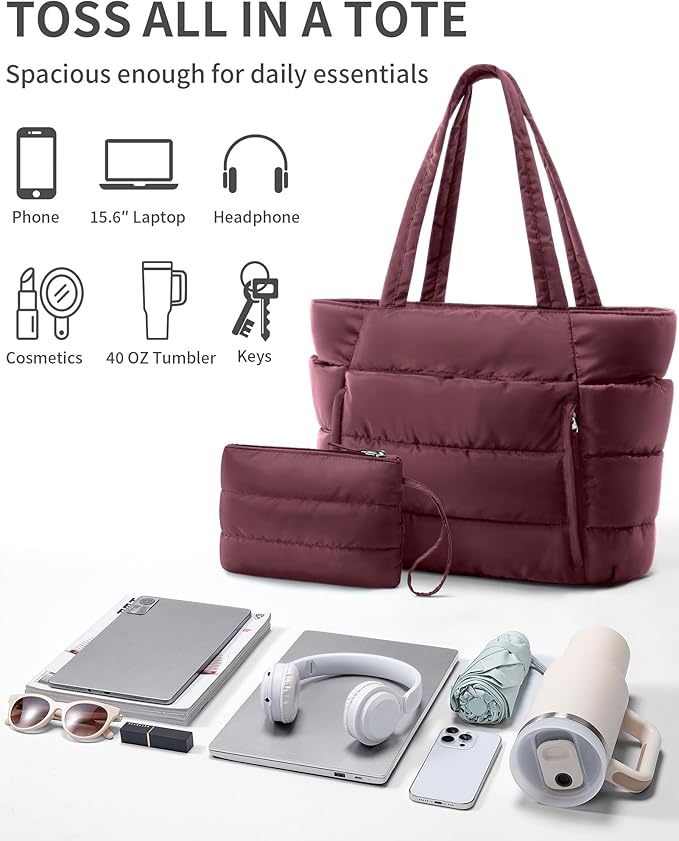 Puffer Tote Bag for Women, Lightweight Puffy Work Handbag Teacher Nurse Quilted Shoulder Bag for School Travel Gym | Quilted, with Zipper, Daily Carry On Bags, Comfy College Bags, 15.6" Laptop Sleeve, Cup Holder Pocket, Portable, Spacious