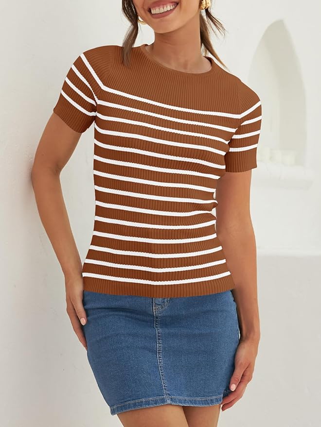 ZESICA Women's Short Sleeve Crewneck Striped T Shirt 2026 Summer Ribbed Knit Slim Fit Casual Basic Tee Tops