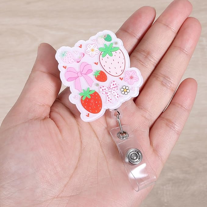 Strawberry Bow Badge Reel, Cute Retractable ID Card Badge Holder, Name Tag Medical Badge Buddy for RN MA LPN CNA PCA NICU Night Shift Nurse OB/GYN Doctor Student Librarian Psychologist Teacher Workers