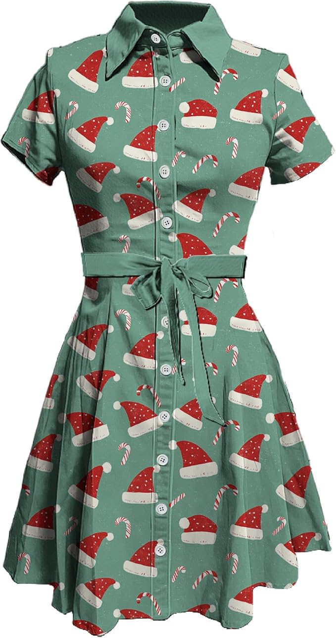 MARSVOVO Cute T Shirt Dress for Women Short Sleeve Button Up Tie Waist Elegant Casual Collared Smocked Midi Dress