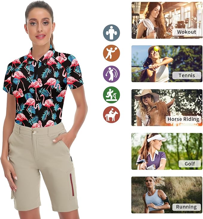 Women's Golf Shirt Short Sleeve Tennis Shirt Quarter Zip Golf Pullover Golf Polo Shirts Argyle Tops