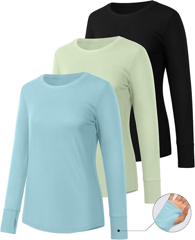 Huukeay 3 Pack Women's Long Sleeve Shirts with Thumb Holes, Cotton Casual Crew Neck Tunic Tops Fall Loose Y2k Trendy Outfits