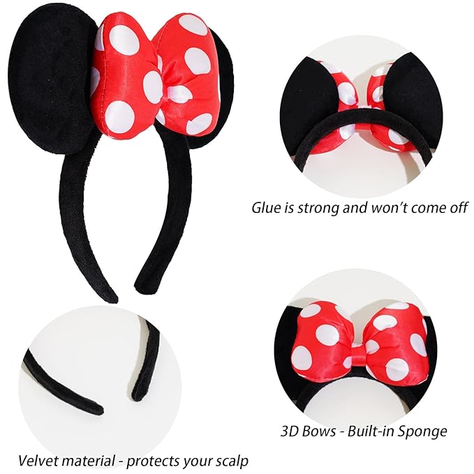 Jeffan Mouse Ear Headband with 3D Cotton Bow, Polka Dot Bow Mouse Party Costume Accessories for Women Girls (Red)