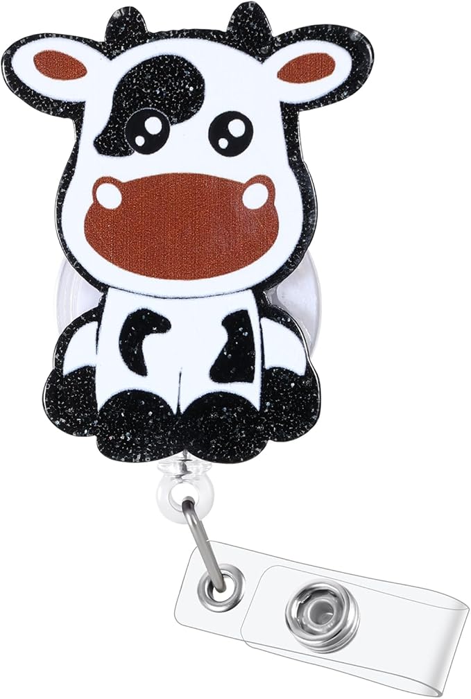 Funny Cow Badge Reel, Cute Pediatric Retractable ID Card Badge Holder, Name Tag Work Badge Clip for NICU ICU RN LPN CNA MA ER Night Shift Nurse Nursing Student OB/GYN L&D Doctor Teacher, Nurse Gifts