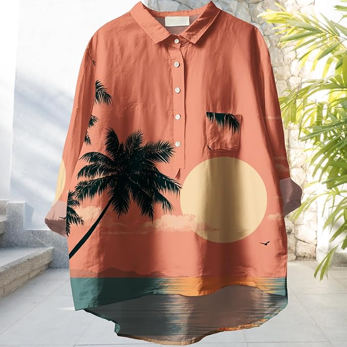 Womens Boho Tops 3/4 Long Sleeve Floral Blouses Hawaii Beach Button Down Shirts V Neck Pullover Casual Tunics