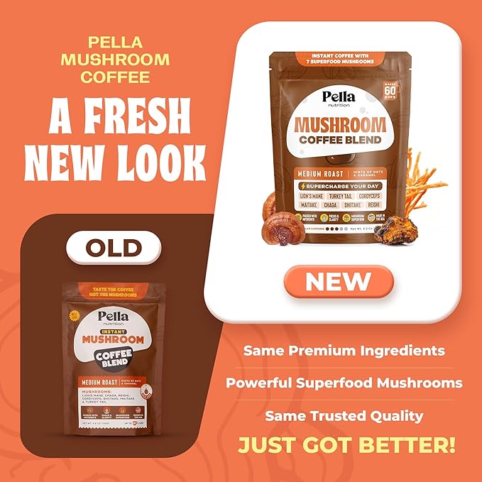 Pella Nutrition Mushroom Coffee – Lions Mane, Reishi, Chaga, Cordyceps, Shiitake, Maitake, and Turkey Tail Mushroom Supplement – Superfood Instant Coffee for Focus & Energy (Regular Caffeine, 60 Cups)