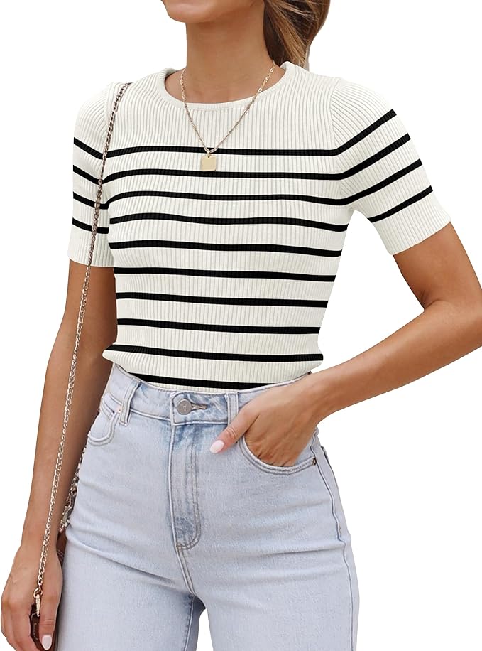 ZESICA Women's Short Sleeve Crewneck Striped T Shirt 2026 Summer Ribbed Knit Slim Fit Casual Basic Tee Tops
