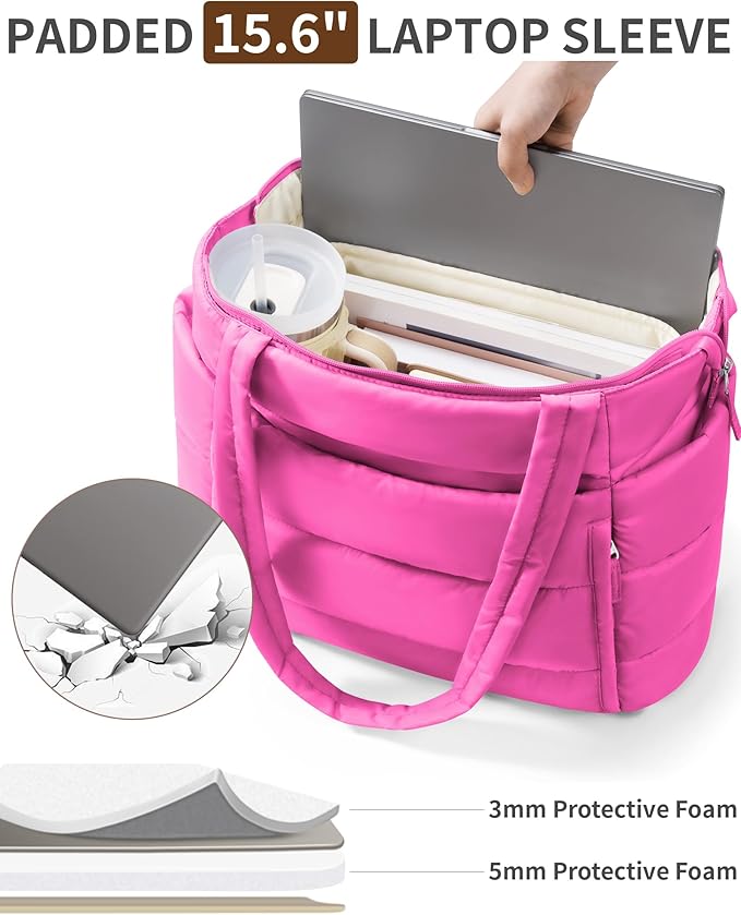 Puffer Tote Bag for Women, Lightweight Puffy Work Handbag Teacher Nurse Quilted Shoulder Bag for School Travel Gym | Quilted, with Zipper, Daily Carry On Bags, Comfy College Bags, 15.6" Laptop Sleeve, Cup Holder Pocket, Portable, Spacious