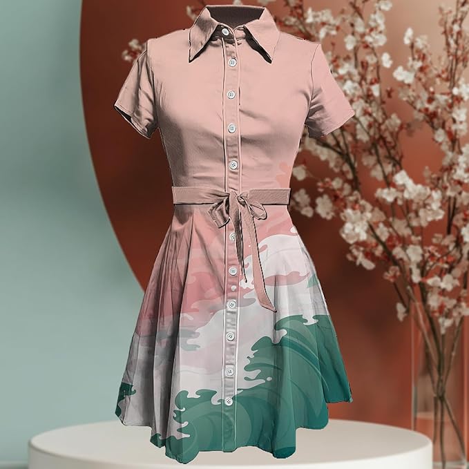 MARSVOVO Japanese Art Shirt Dresses for Women Short Sleeve Ruffle Button Down Tie Waist Trendy Elegant Midi Dress