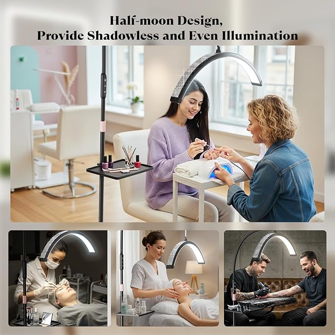 Lash Light, 23 Inch Bling Diamond Half Moon Light for Eyelash Extensions, Nail Art, Tattoo Art and Skincare, Adjustable Color Modes and Flexible, with Tool Tray (Black)