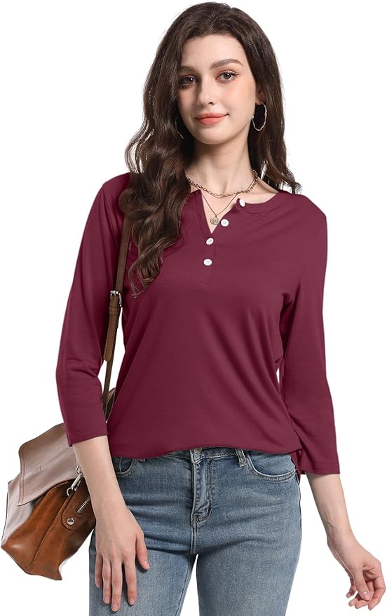 PGANDS Women's 3/4 Length Sleeve T Shirts Button Down Scoop Neck Casual Tops