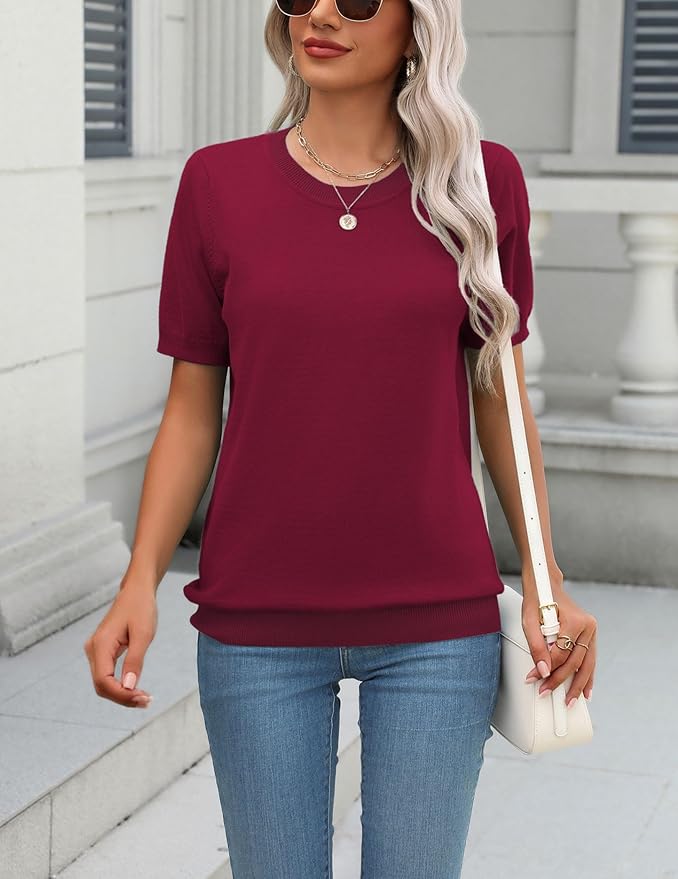 Zeagoo Womens Summer Short Sleeve Tops Crew Neck Lightweight Pullover Sweaters Loose Dressy Casual Blouse Basic Clothes