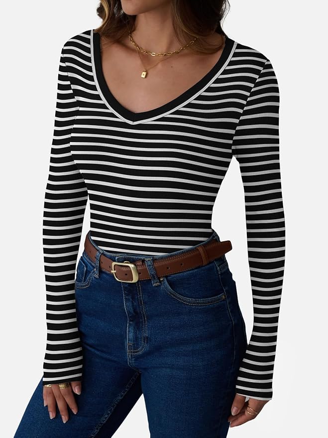 Womens 3/4 Sleeve Scoop Neck Top Ribbed Knit Slim Fitted Casual Basic Tee Shirts 2025 Fall Trendy Work T-Shirt Outfits