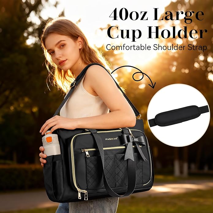 Teacher Tote Bag for Women,Multi-Pocket Laptop & Nurse Work Bag with Cup Holder,Structured Business Briefcase Computer Purse